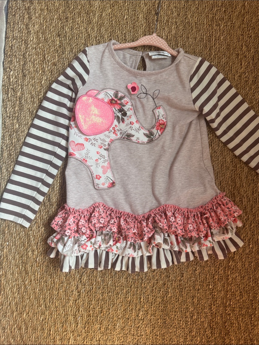 Girls' Pink & TanElephant Ruffle Long-Sleeve Top